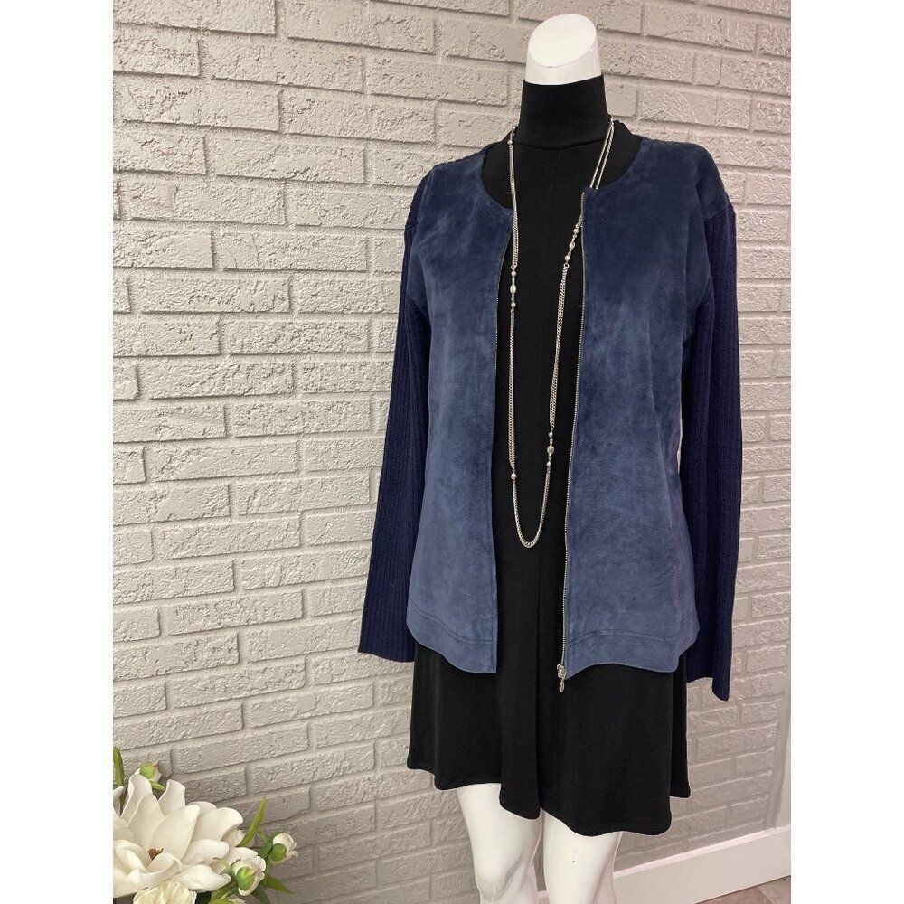 Alfani Women Navy Blue Leather & Wool Blend Full Zipped Belted Sweater Size XL
